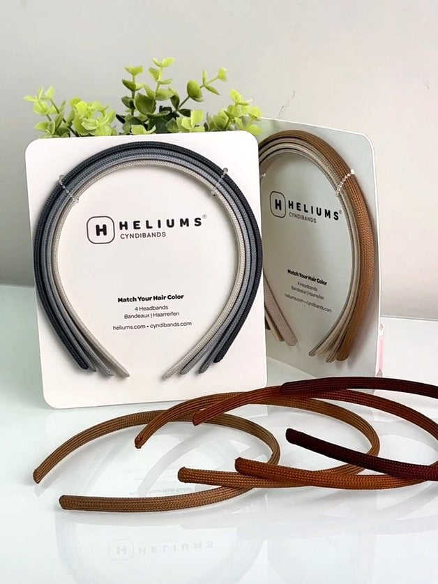 Heliums brand Gray, Blonde and Redhead headbands displayed with and without packaging