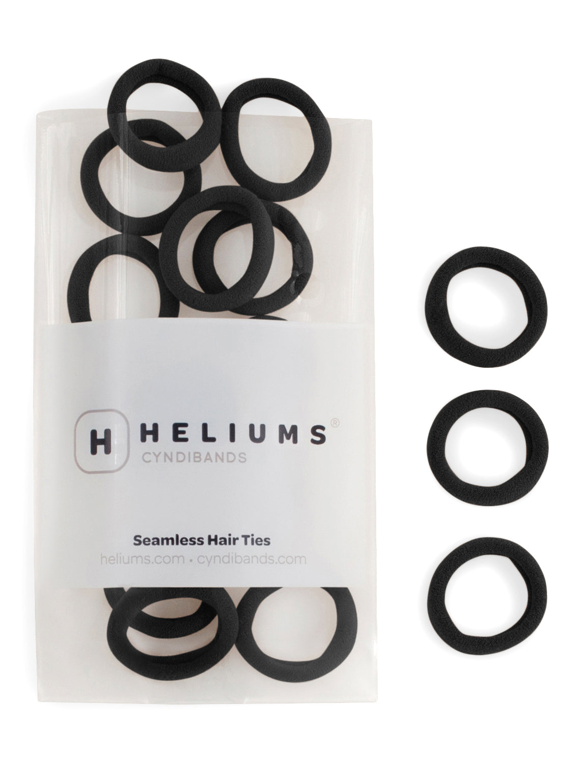 Heliums small seamless hair ties in black, shown in a pack and individually