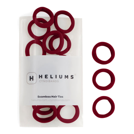 Heliums small seamless hair ties in maroon burgundy, shown in a pack and individually