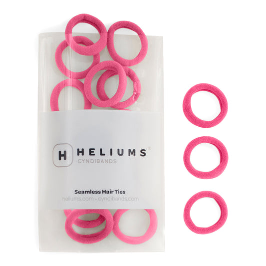 Heliums small seamless hair ties in pink, shown in a pack and individually