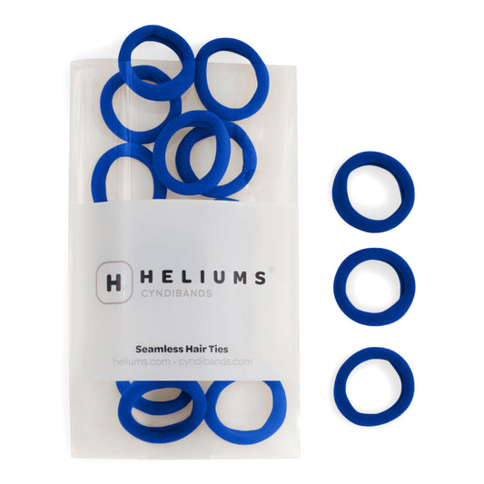 Heliums small seamless hair ties in royal blue, shown in a pack and individually